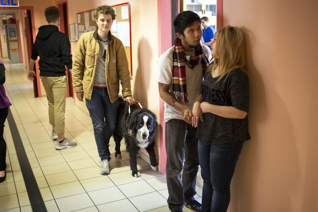 Jeunes étudiants dans le couloir de l'IFMK DV en train de discuter. Au second plan, Marc, non voyant depuis l'âge de 6 ans, avec son chien guide.