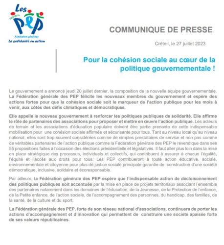 Communiqué de presse pour la politique sociale au coeur de la politique gourvernentale